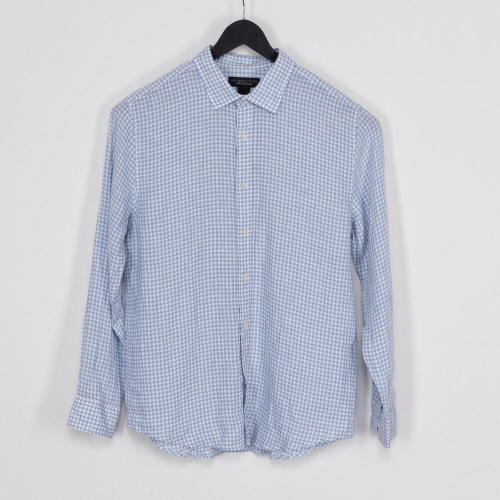 The Men's Store Long Sleeve Gingham Linen Shirt Celestialc Blue Size M